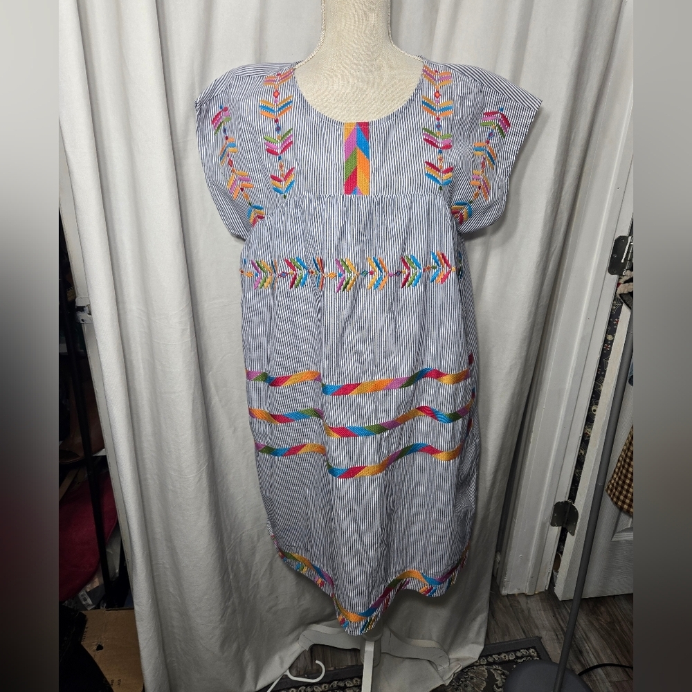 Striped Embroidered Mexican-Style Dress in Blue with Multicolor Accents